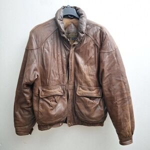 Vintage Eddie Bauer Bomber Jacket Mens Large Brown Leather Down Filled Full Zip